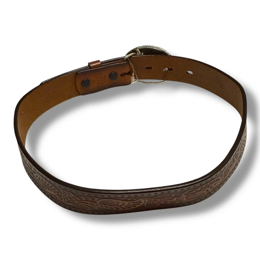 3D Belt Brown Tooled Genuine Leather Western‎ Bull Rider Trophy Buckle Boys 29